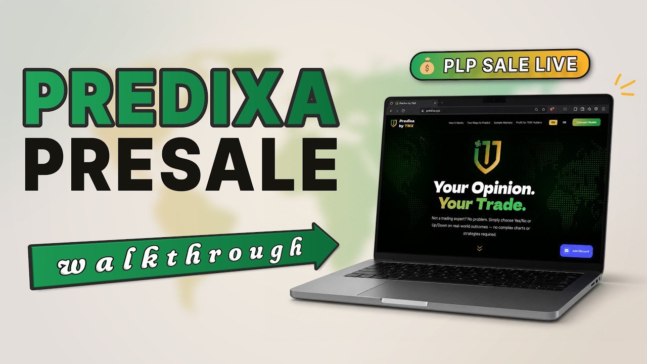 Predixa video thumbnail: 'Predixa Presale' with a 'walkthrough' arrow beside a laptop showing the Predixa site and a 'PLP Sale Live' badge.