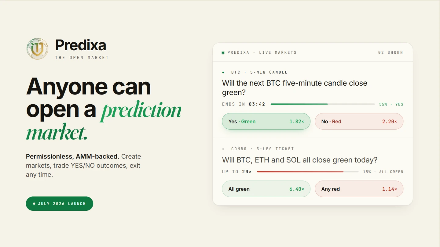 Predixa press graphic: 'Anyone can open a prediction market', with sample markets and a July 2026 launch marker.