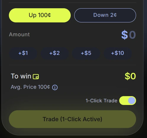 The Predixa trade panel with the 1-Click Trade toggle switched on and the trade button reading "Trade (1-Click Active)".
